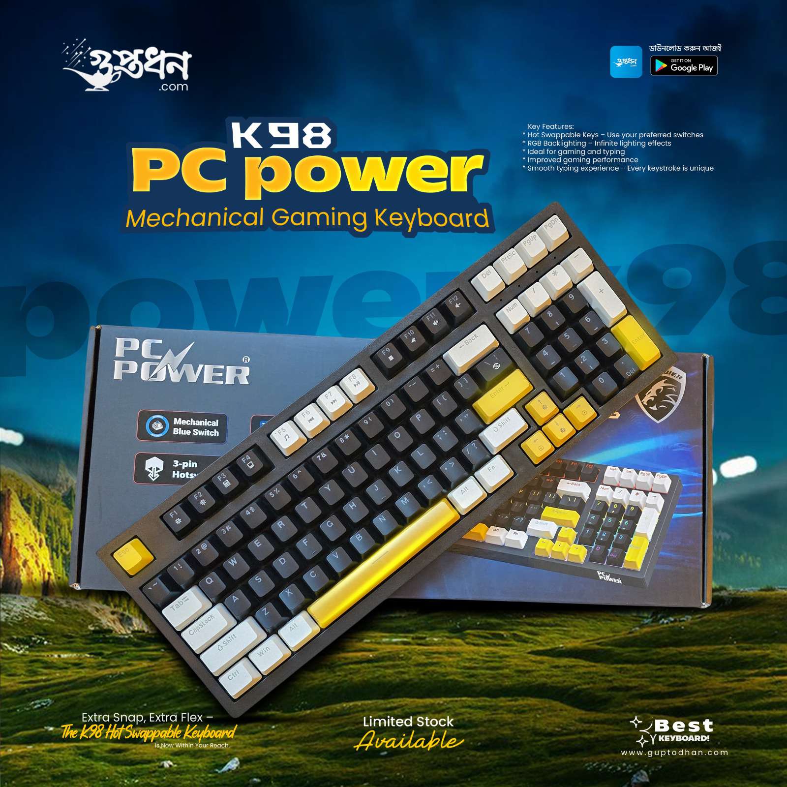 PC POWER K98 Gaming RGB Mechanical Keyboard (White & Black + Yellow)