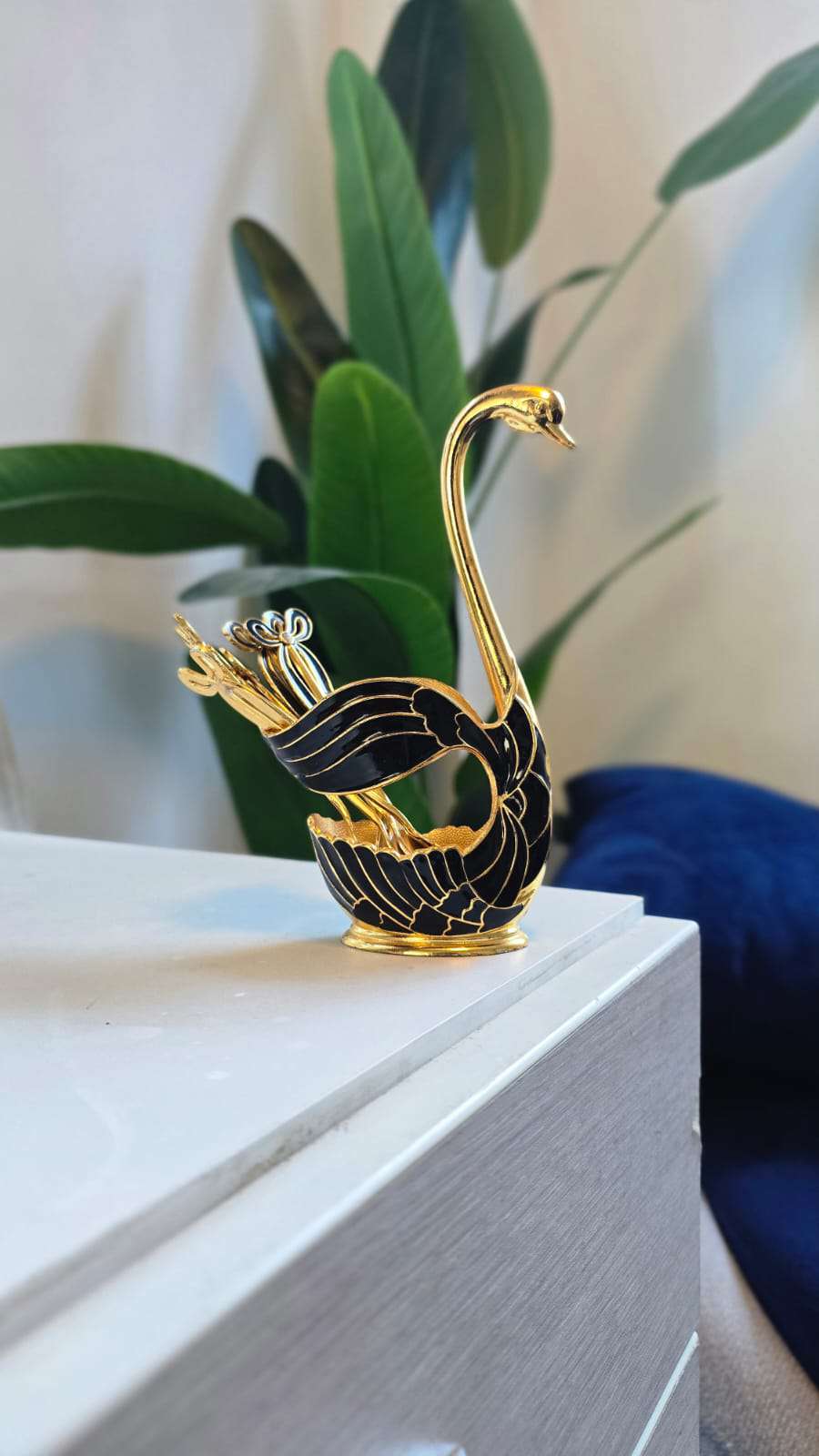 Spoon Set with Swan Stand – Elegant Black Plated Tea Spoon Holder for Home & Gift