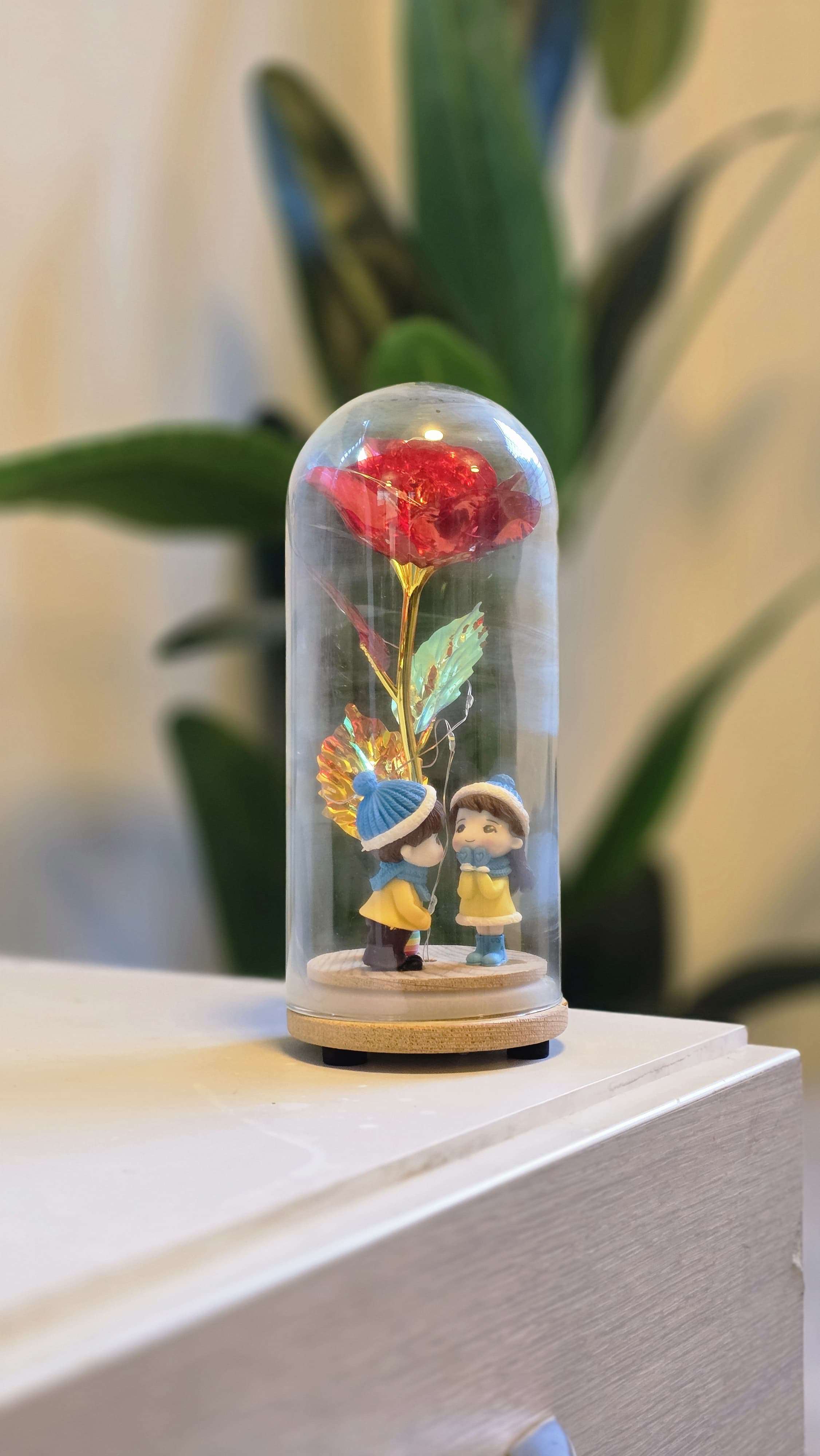 Golden Flower with Love Couple – Glass Dome Romantic Showpiece Gift
