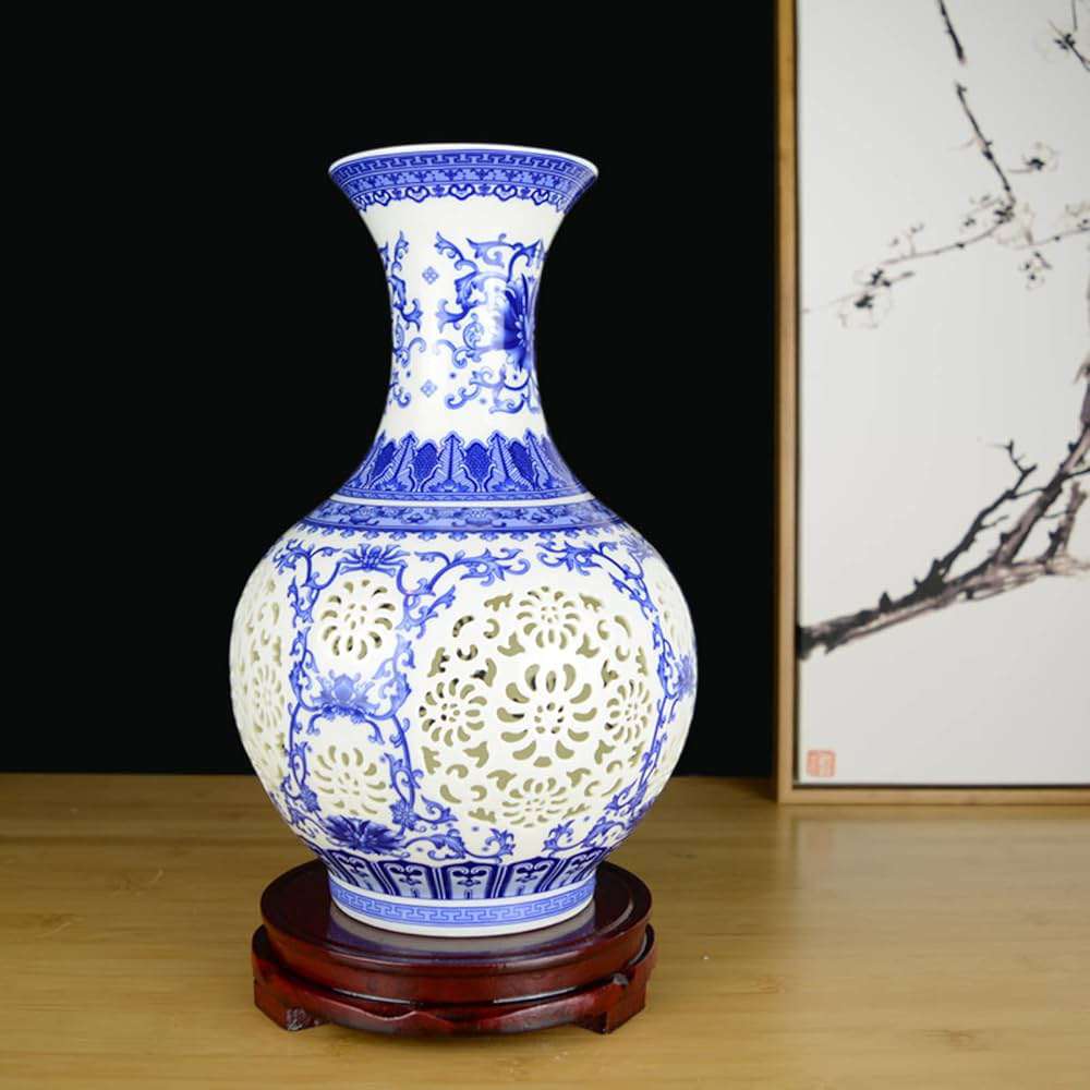 CCKUHN Blue and White Porcelain Hollow Vase – Chinese Flower Arrangement Ornament for Living Room Décor